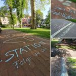 Auf dem Boden ist mit Kreide eine kleine Ralley aufgemalt, die Kinder nachlaufen und spielen können.