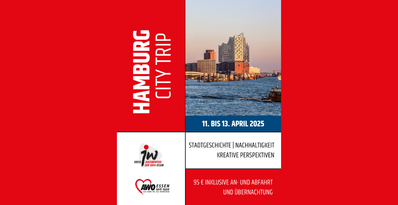 Werbung für die Bildungsfahrt nach Hamburg. Auf dem Bild ist ein Foto vom Hamburger Hafen zu sehen mit dem Titel 'Hamburg Citiy Trip'. 11. bis 13. April 2025. Stadtgeschichte, Nachhaltigkeit, kreative Perspektiven. 95€ inklusive Anfahrt und Übernachtung.