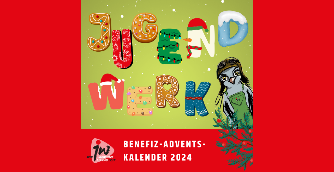 Auf dem Bild ist in bunten Buchstaben 'Jugendwerk' geschrieben und von rechts kommt das Maskottchen mit einem Tannenzweig ins BIld. Unten darunter steht 'Benefiz-Adventskalender 2024'