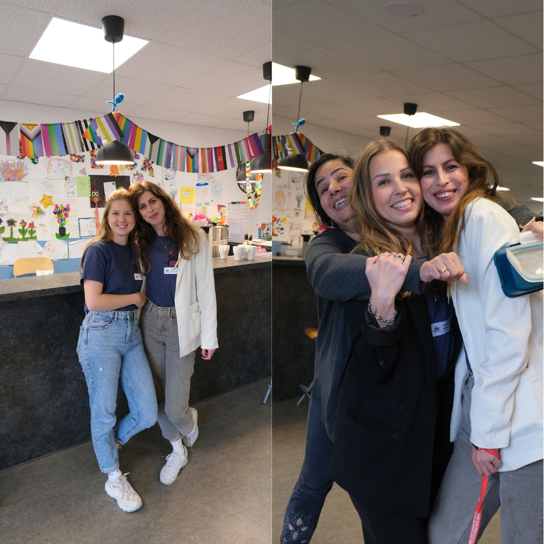 Drei MItarbeiterinnen des Jugendwerks umarmen sich und lächeln in die Kamera.